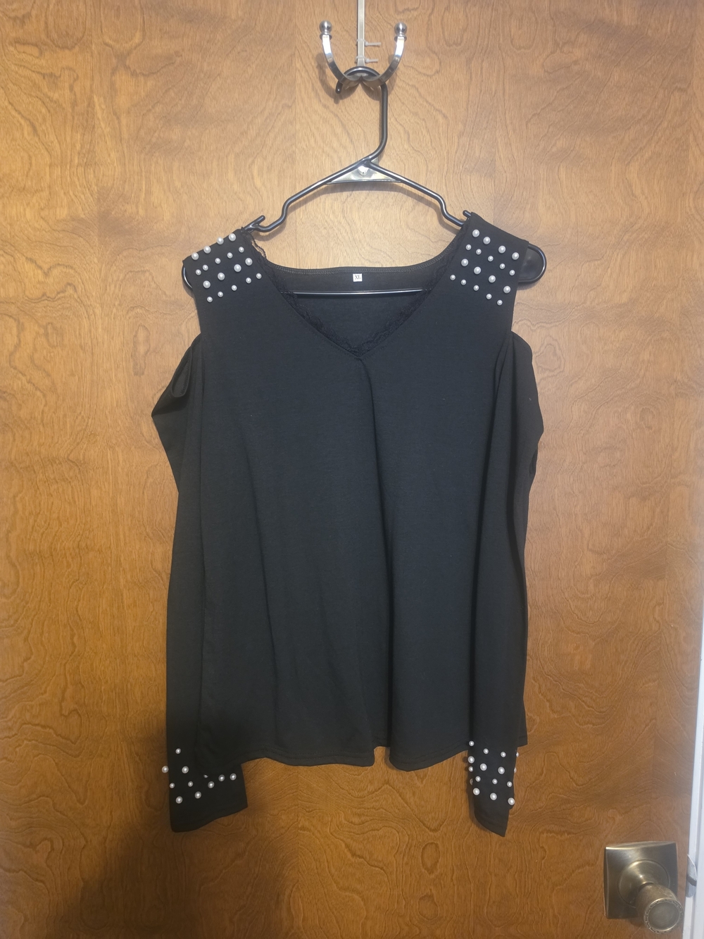 Black Cold-Shoulder Pearl Accent Women’s Top